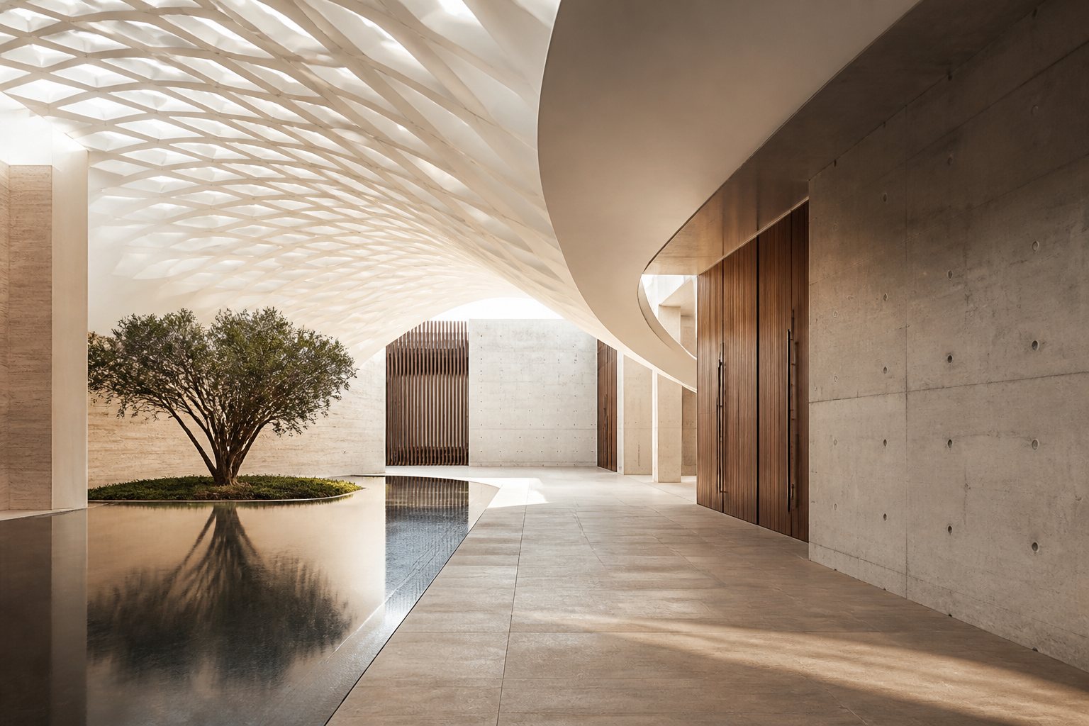 Contemporary architectural courtyard with curved parametric canopy